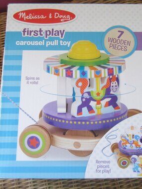 NIB/Melissa & Doug Wooden Carousel Pull Toy ~ Removable Pieces ~ 18M +